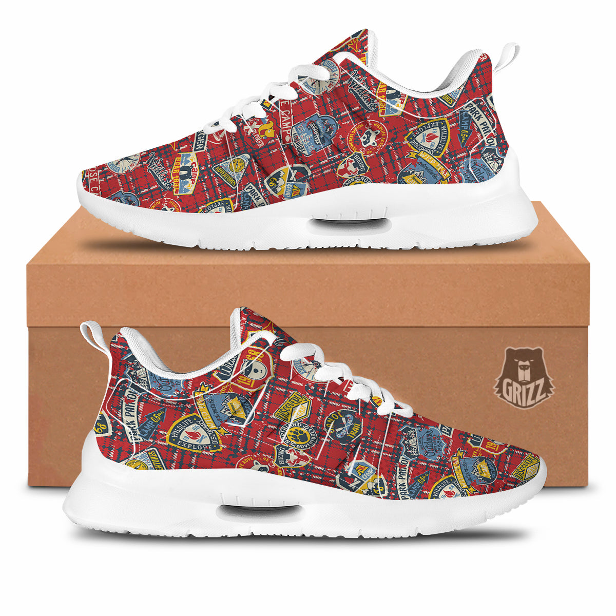 Red Plaid Mountain Camp Tartan Print Tennis Shoes-grizzshop