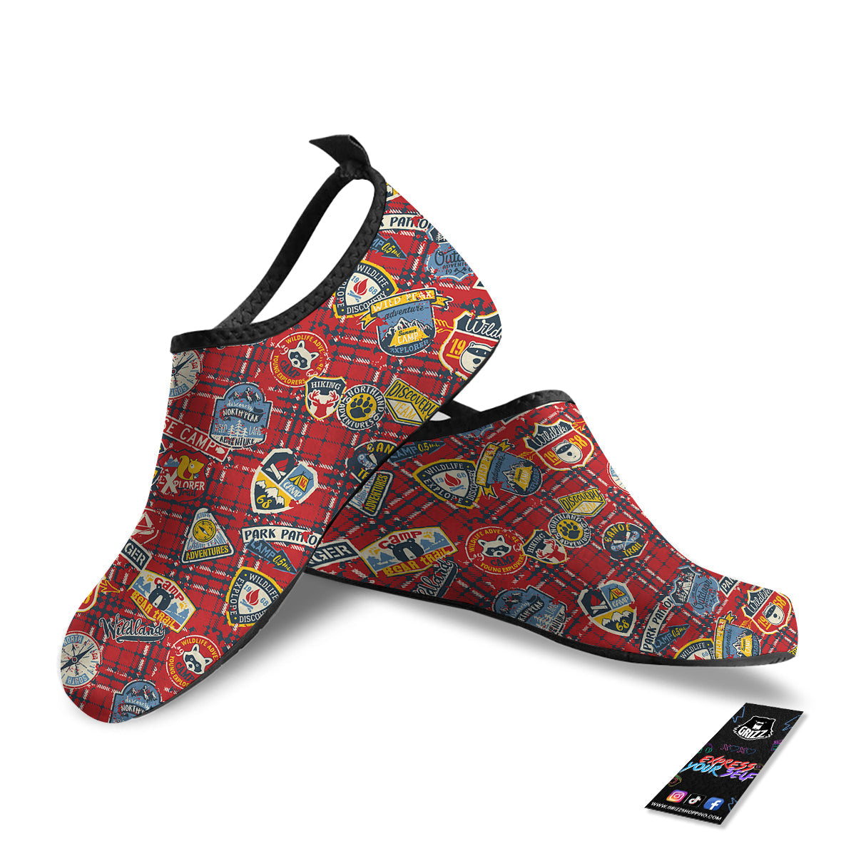 Red Plaid Mountain Camp Tartan Print Water Shoes-grizzshop