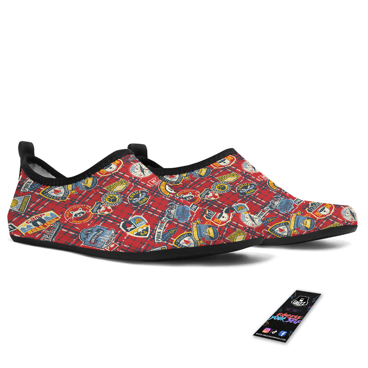 Red Plaid Mountain Camp Tartan Print Water Shoes-grizzshop