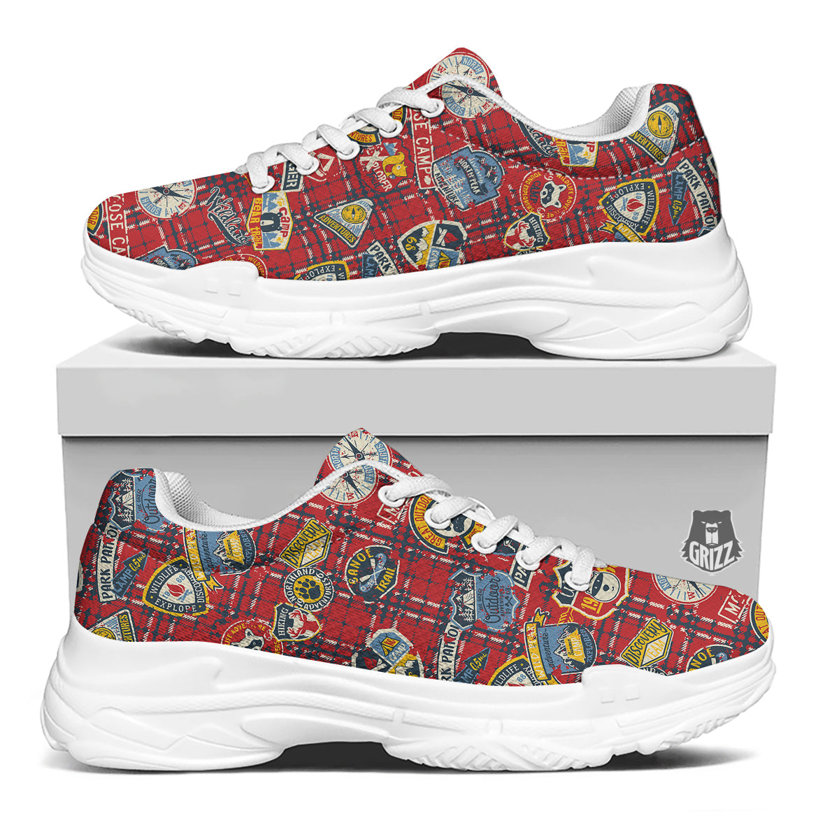 Red Plaid Mountain Camp Tartan Print White Chunky Shoes-grizzshop