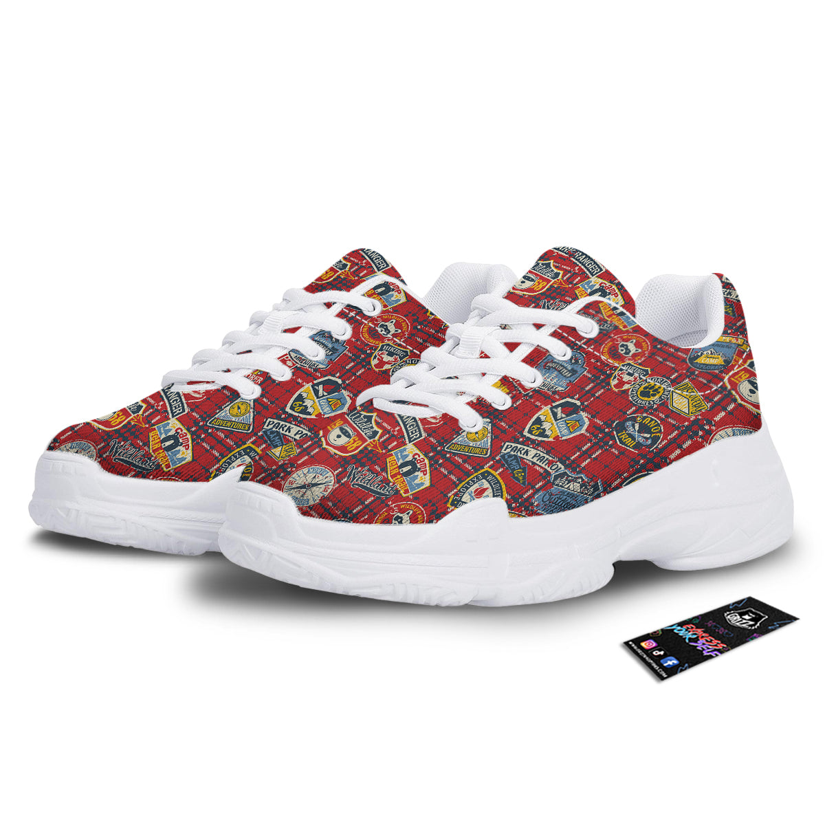 Red Plaid Mountain Camp Tartan Print White Chunky Shoes-grizzshop