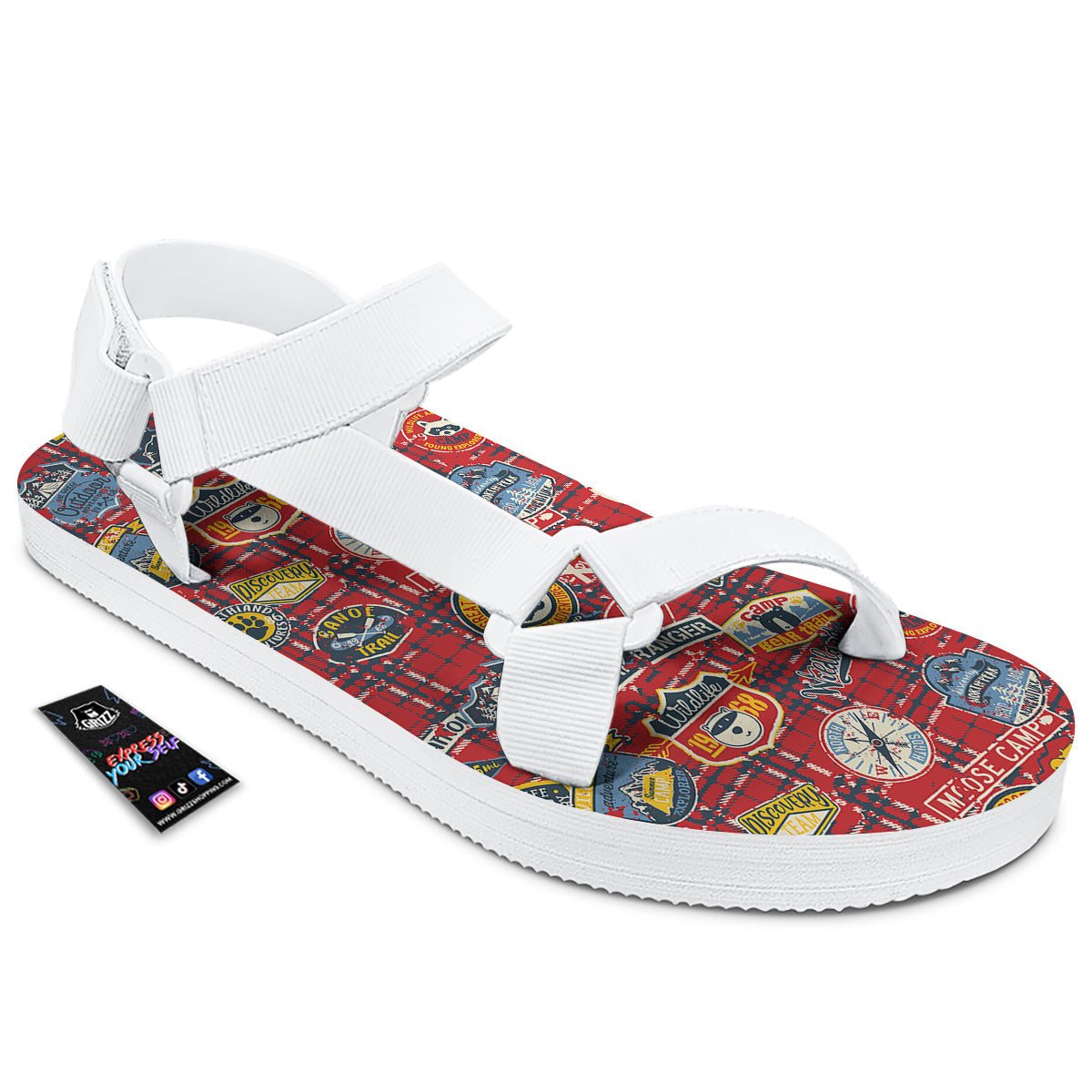 Red Plaid Mountain Camp Tartan Print White Open Toe Sandals-grizzshop