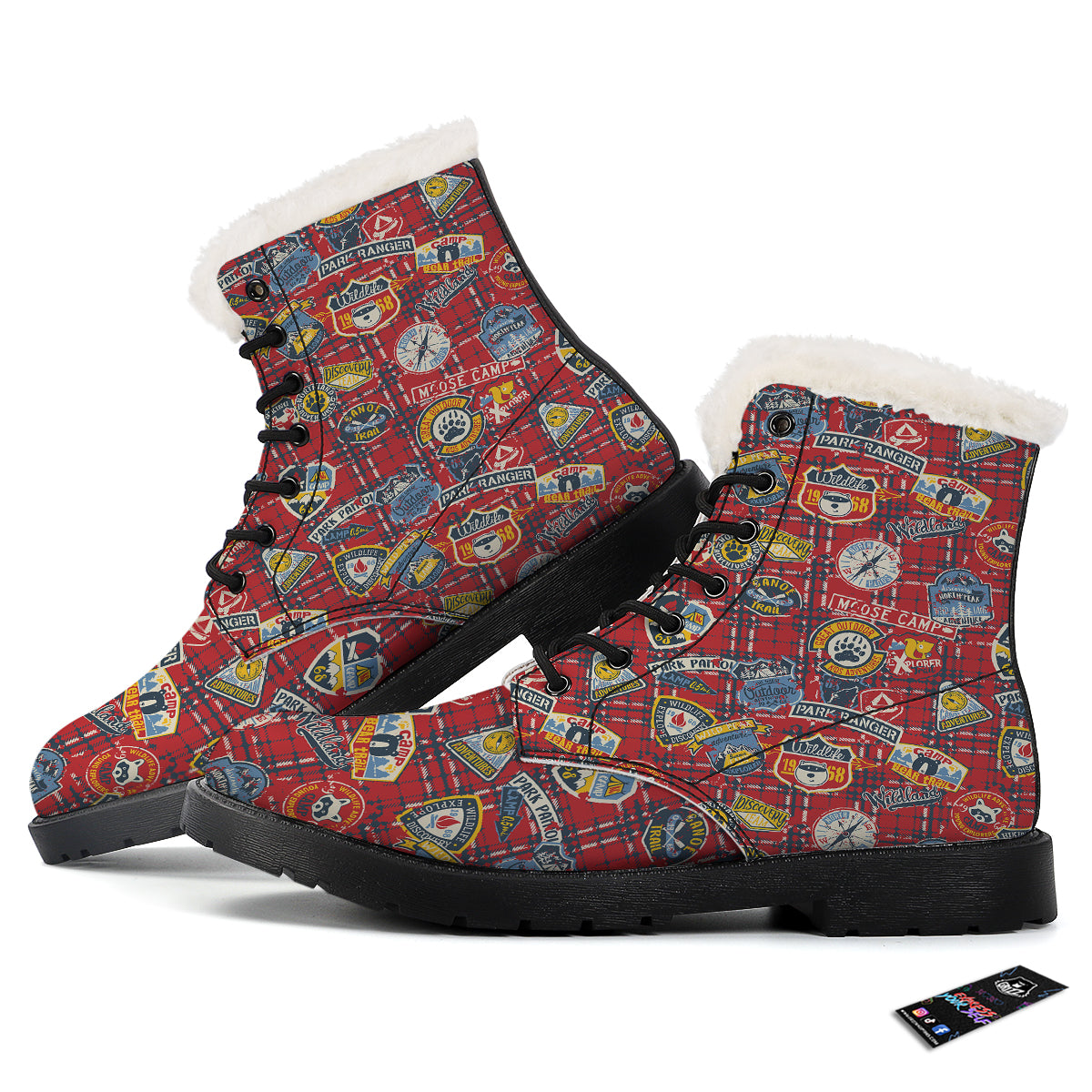 Red Plaid Mountain Camp Tartan Print Winter Boots-grizzshop