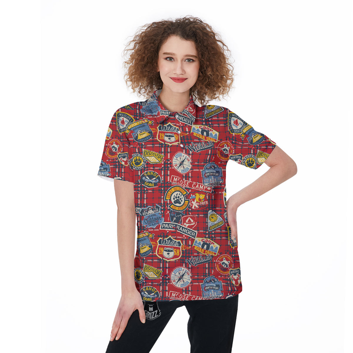 Red Plaid Mountain Camp Tartan Print Women's Golf Shirts-grizzshop