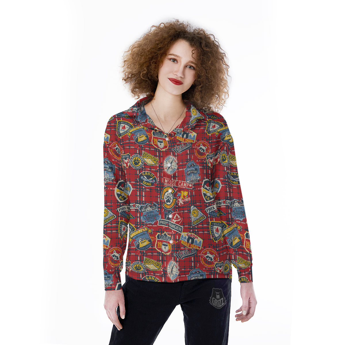 Red Plaid Mountain Camp Tartan Print Women's Long Sleeve Shirts-grizzshop