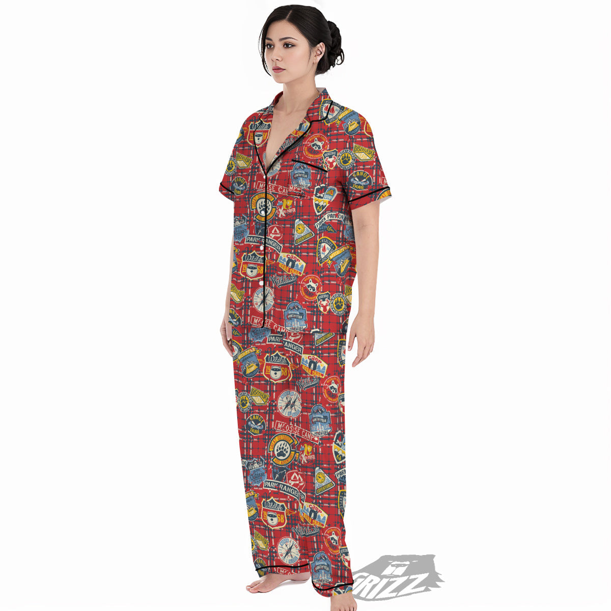 Red Plaid Mountain Camp Tartan Print Women's Pajamas Set-grizzshop