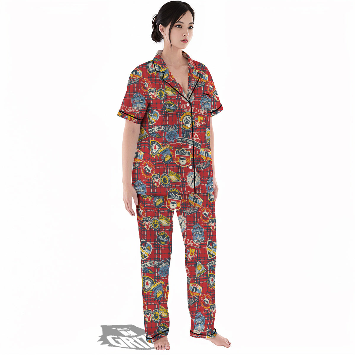 Red Plaid Mountain Camp Tartan Print Women's Pajamas Set-grizzshop