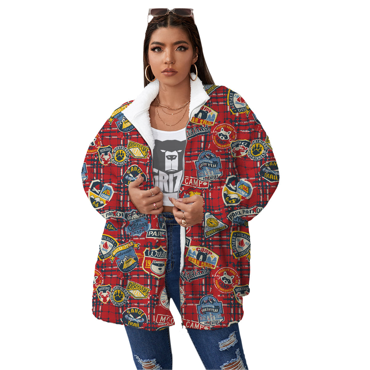 Red Plaid Mountain Camp Tartan Print Women's Sherpa Jacket-grizzshop