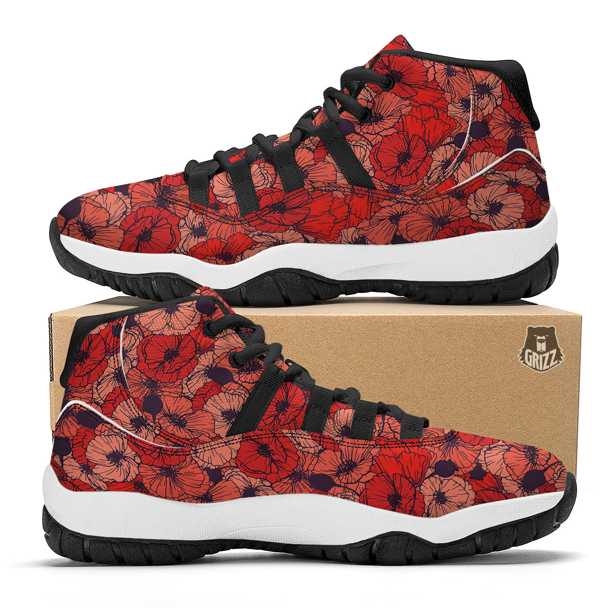 Red Poppy Floral Pattern Print Black Bball Shoes-grizzshop
