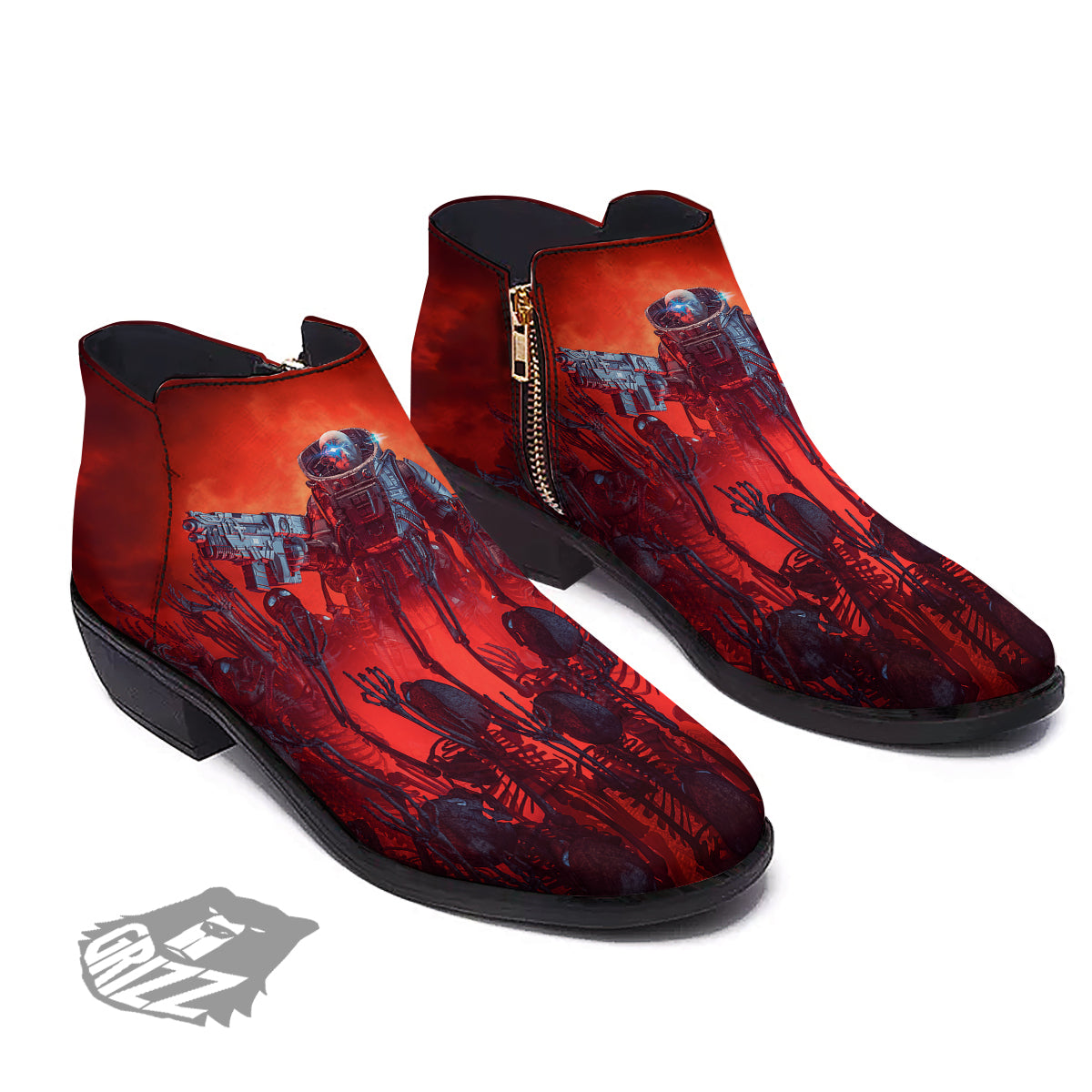 Red Robot And Skeleton Troop Print Ankle Boots-grizzshop