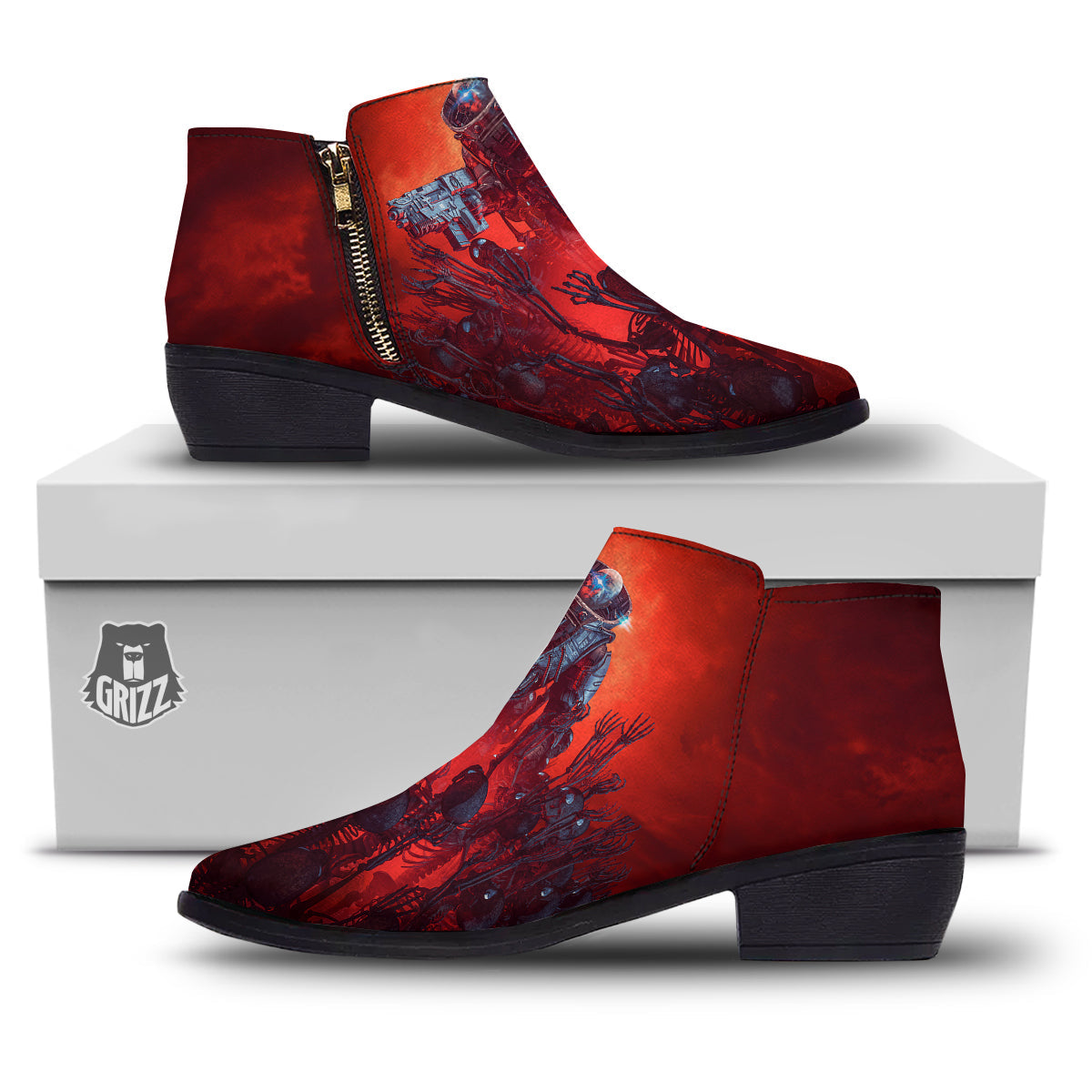 Red Robot And Skeleton Troop Print Ankle Boots-grizzshop