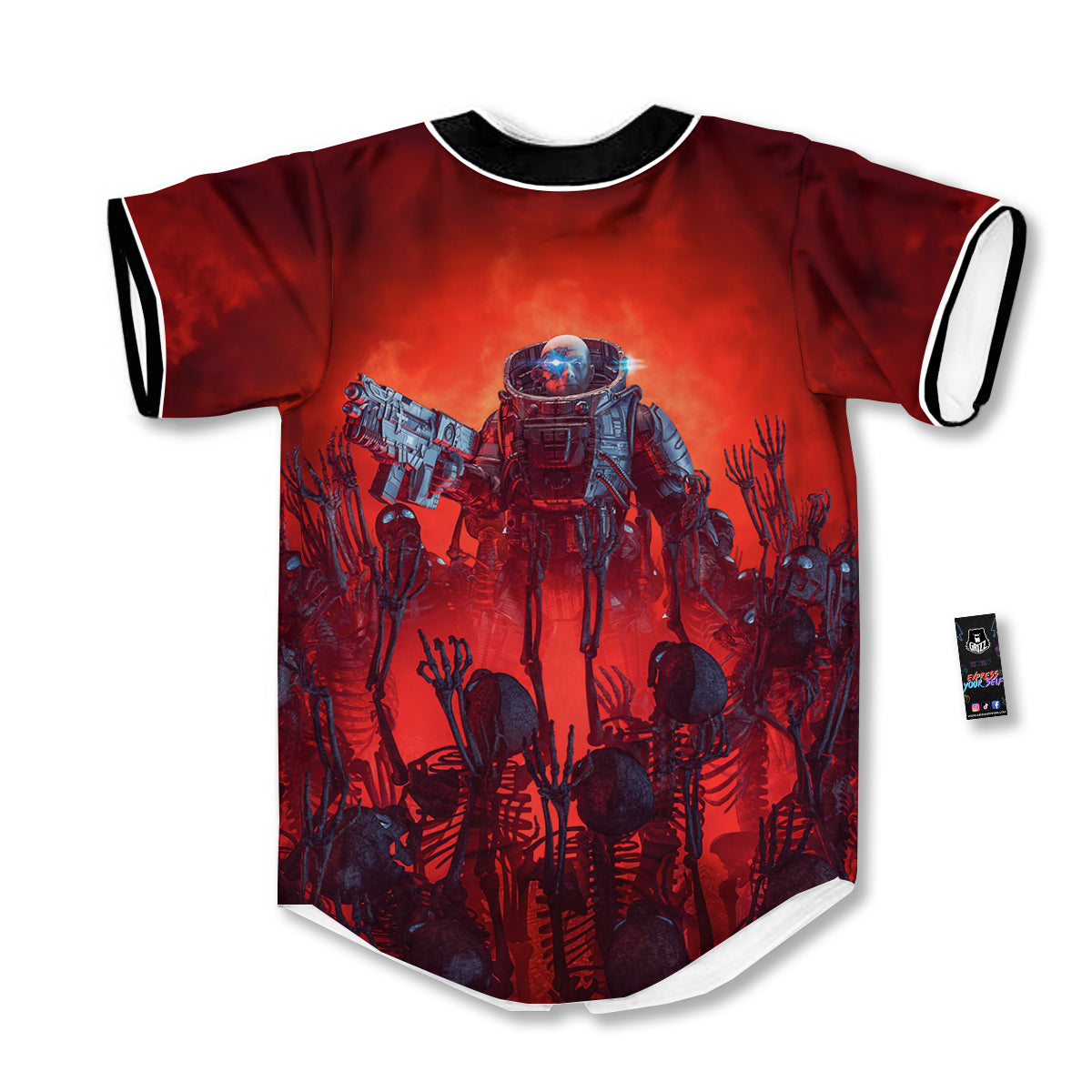 Red Robot And Skeleton Troop Print Baseball Jersey-grizzshop
