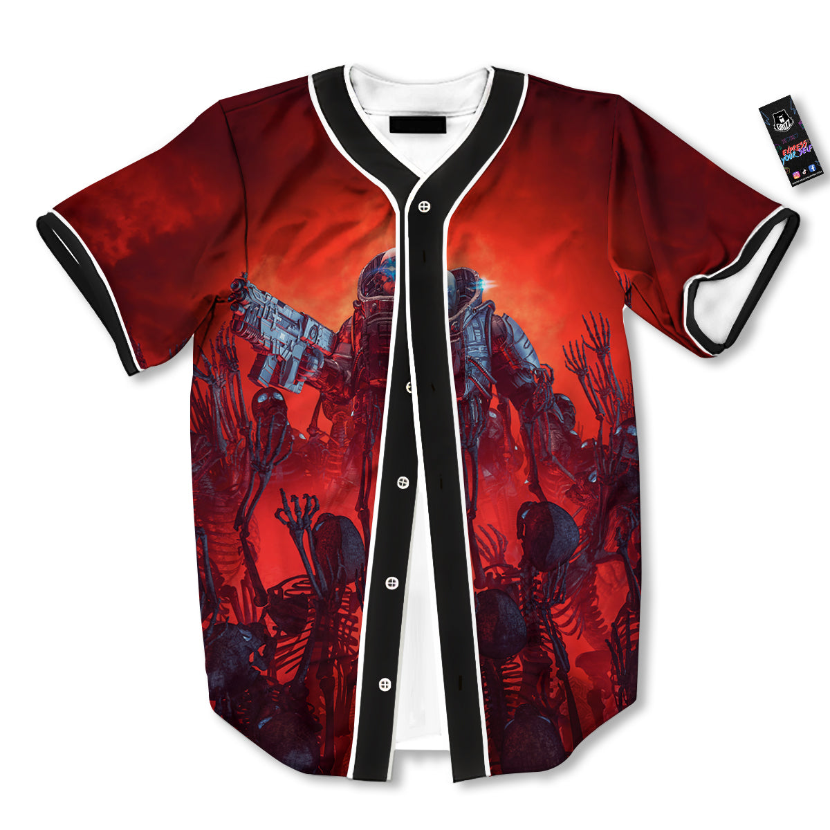 Red Robot And Skeleton Troop Print Baseball Jersey-grizzshop