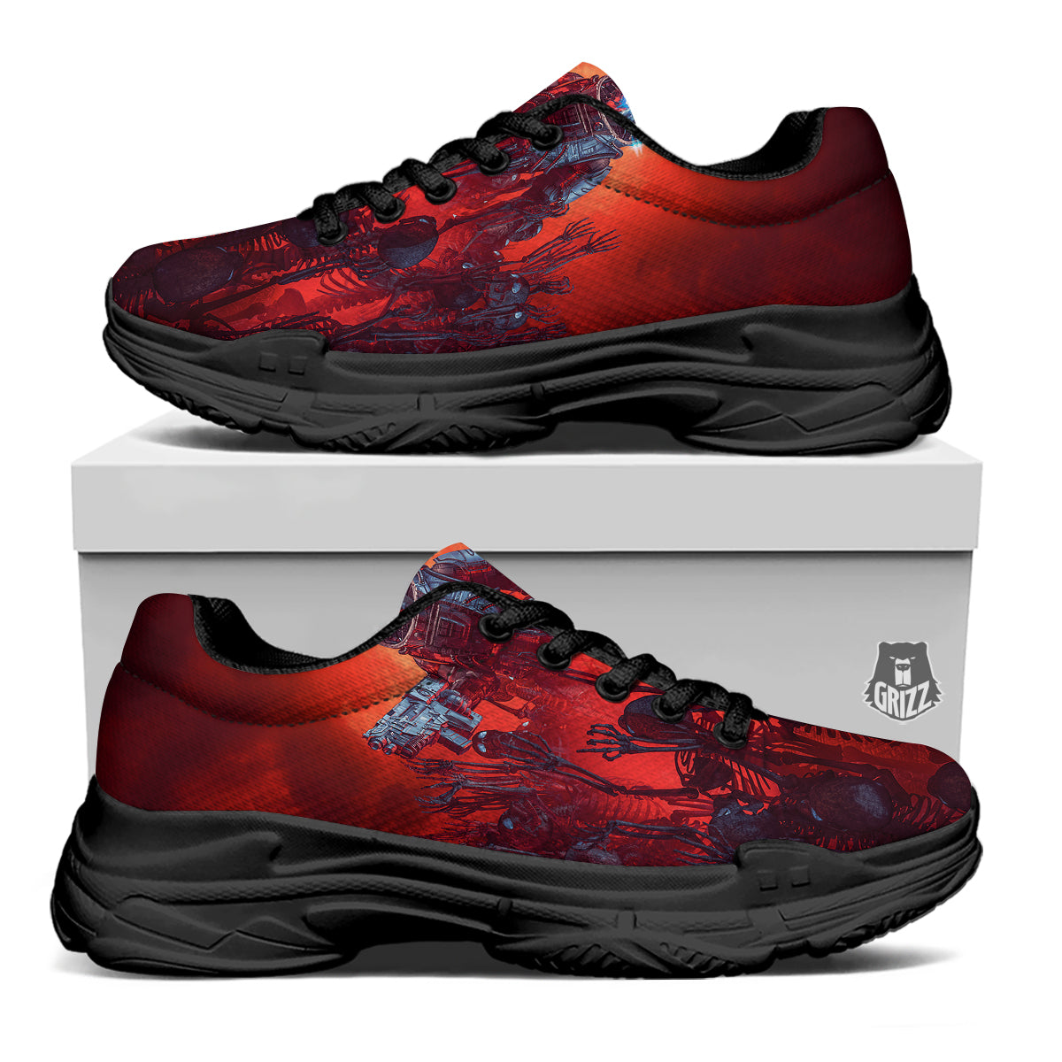 Red Robot And Skeleton Troop Print Black Chunky Shoes-grizzshop