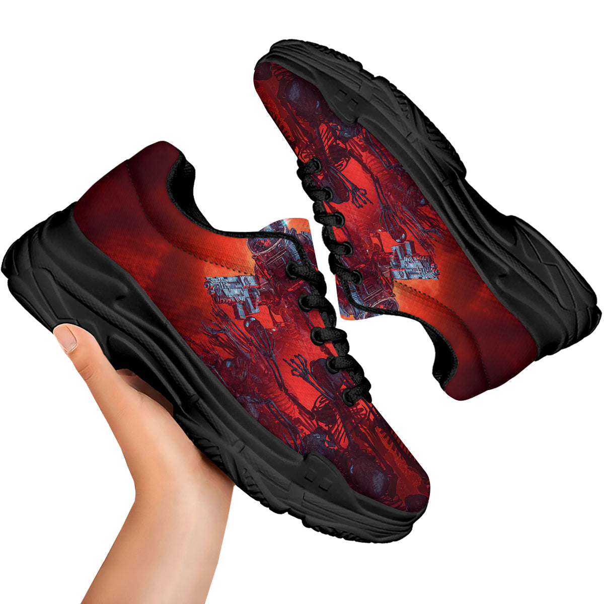 Red Robot And Skeleton Troop Print Black Chunky Shoes-grizzshop