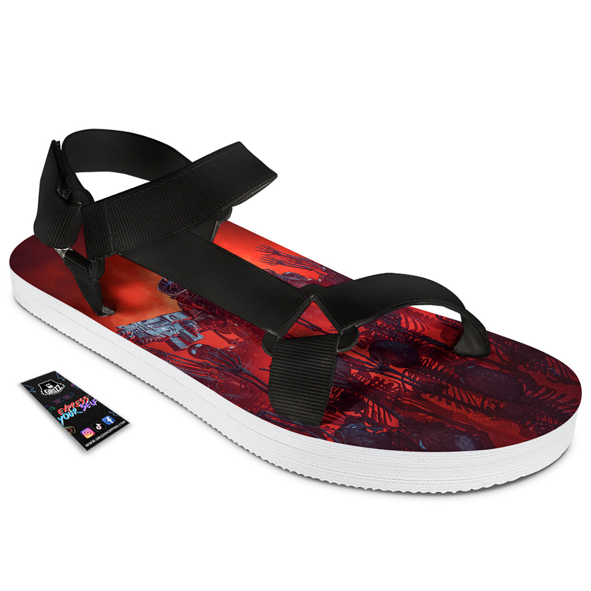 Red Robot And Skeleton Troop Print Black Open Toe Sandals-grizzshop