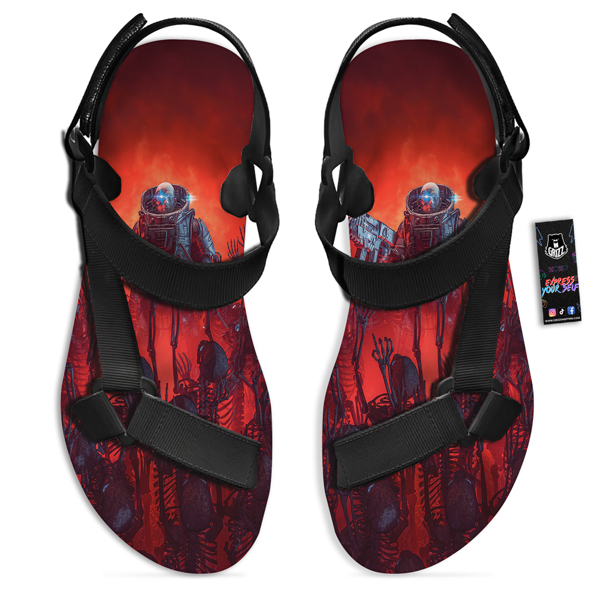 Red Robot And Skeleton Troop Print Black Open Toe Sandals-grizzshop