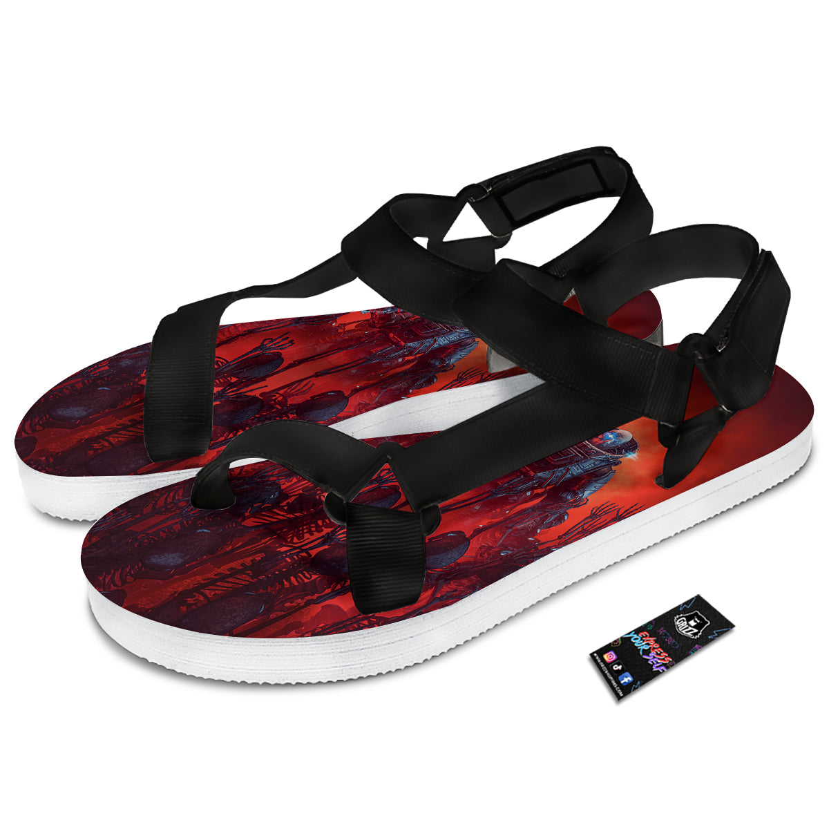 Red Robot And Skeleton Troop Print Black Open Toe Sandals-grizzshop