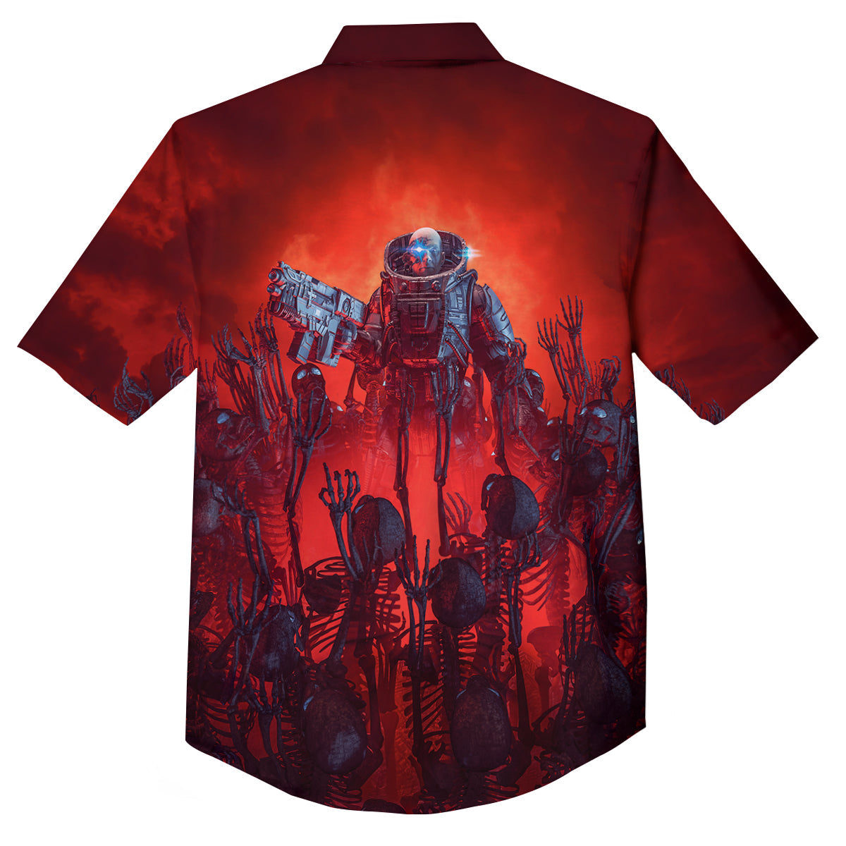 Red Robot And Skeleton Troop Print Button Up Shirt-grizzshop