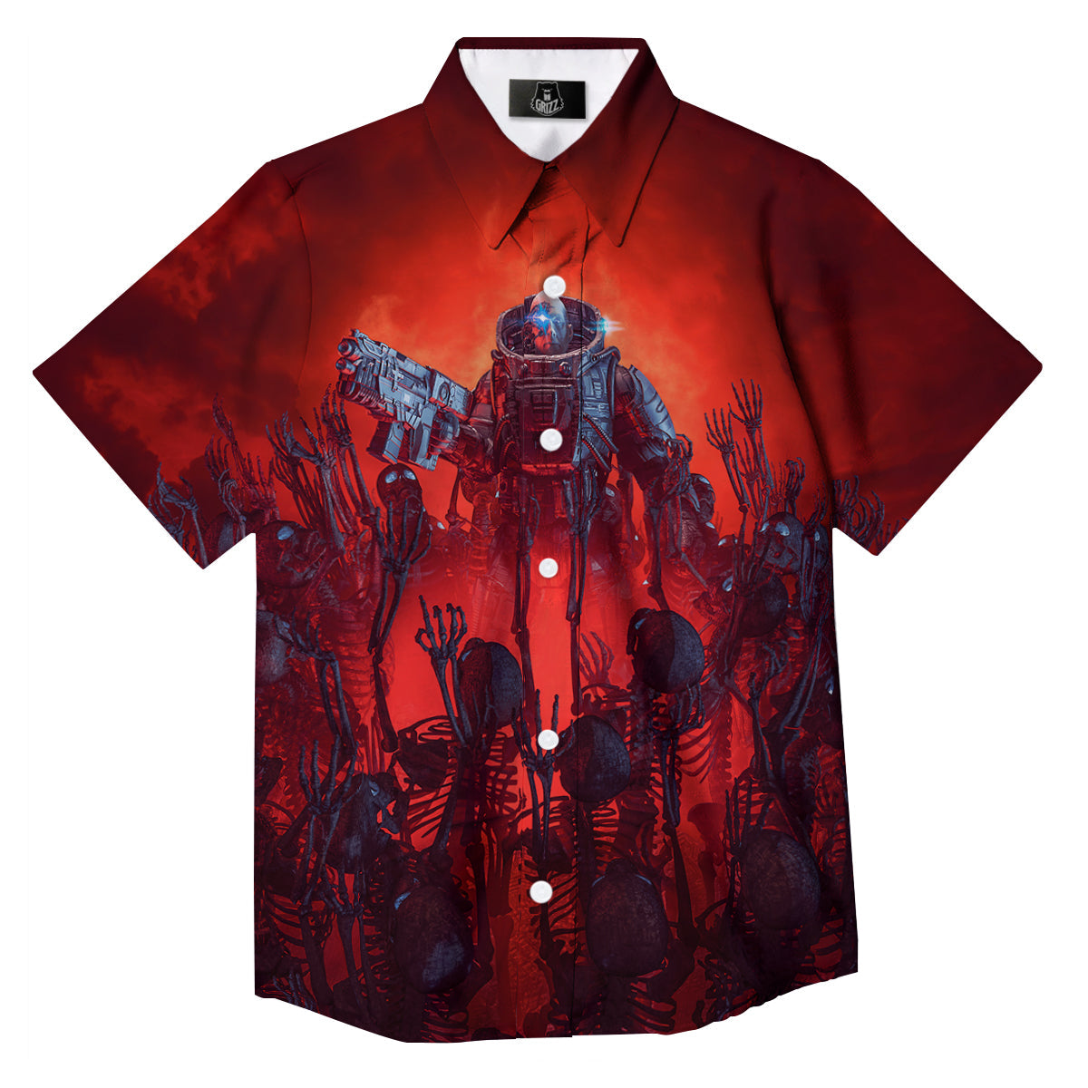 Red Robot And Skeleton Troop Print Button Up Shirt-grizzshop