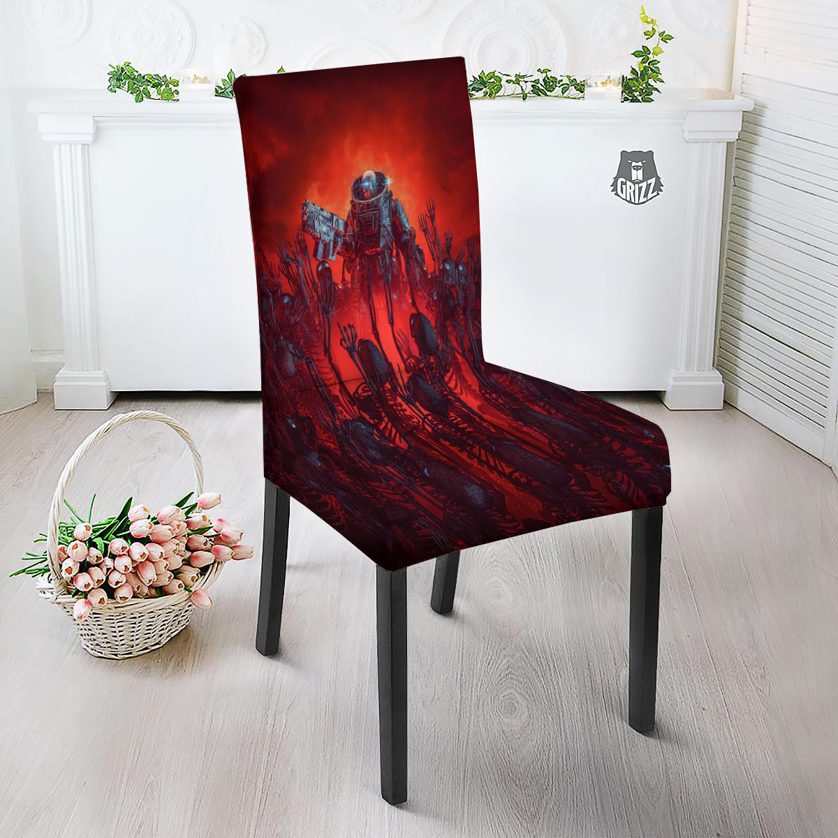 Red Robot And Skeleton Troop Print Dining Chair Slipcover-grizzshop