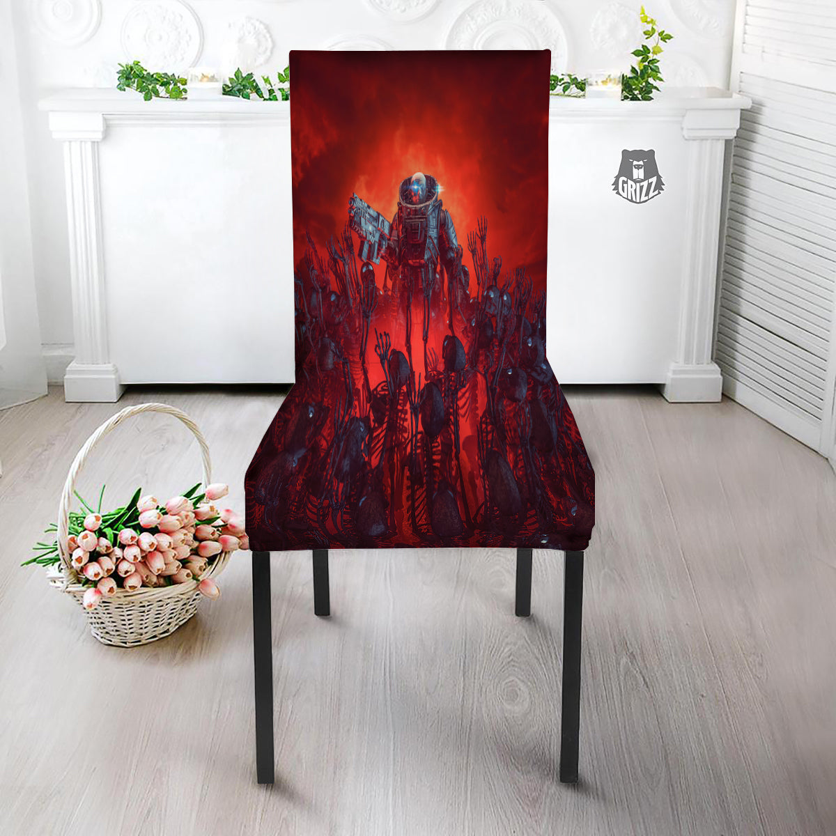 Red Robot And Skeleton Troop Print Dining Chair Slipcover-grizzshop