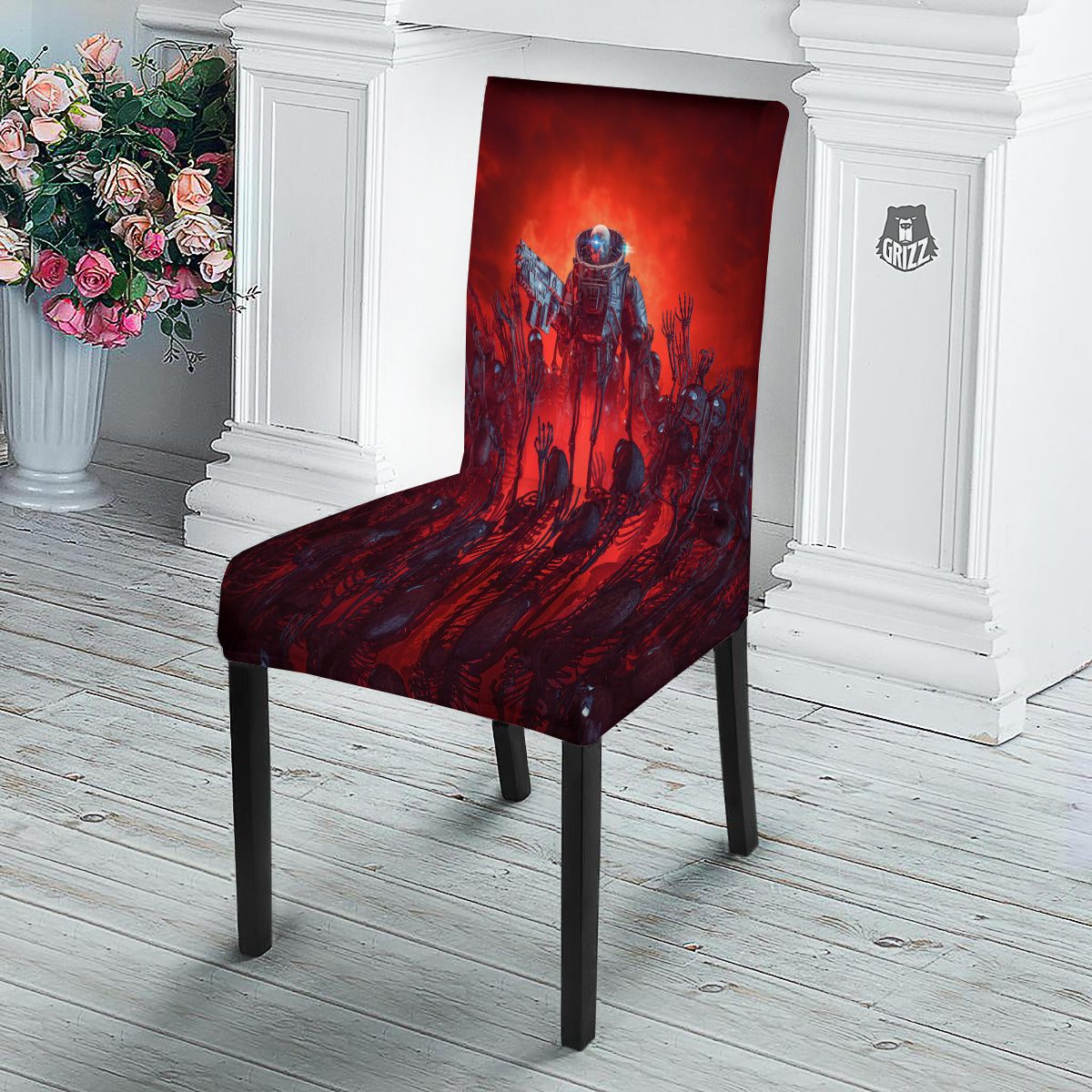 Red Robot And Skeleton Troop Print Dining Chair Slipcover-grizzshop
