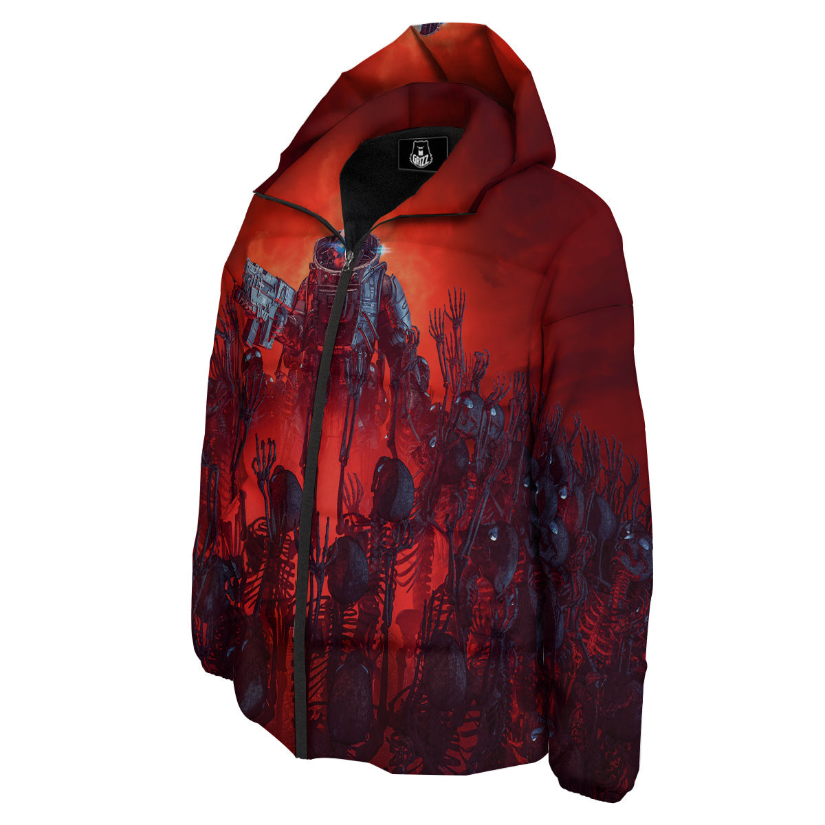 Red Robot And Skeleton Troop Print Down Jacket-grizzshop