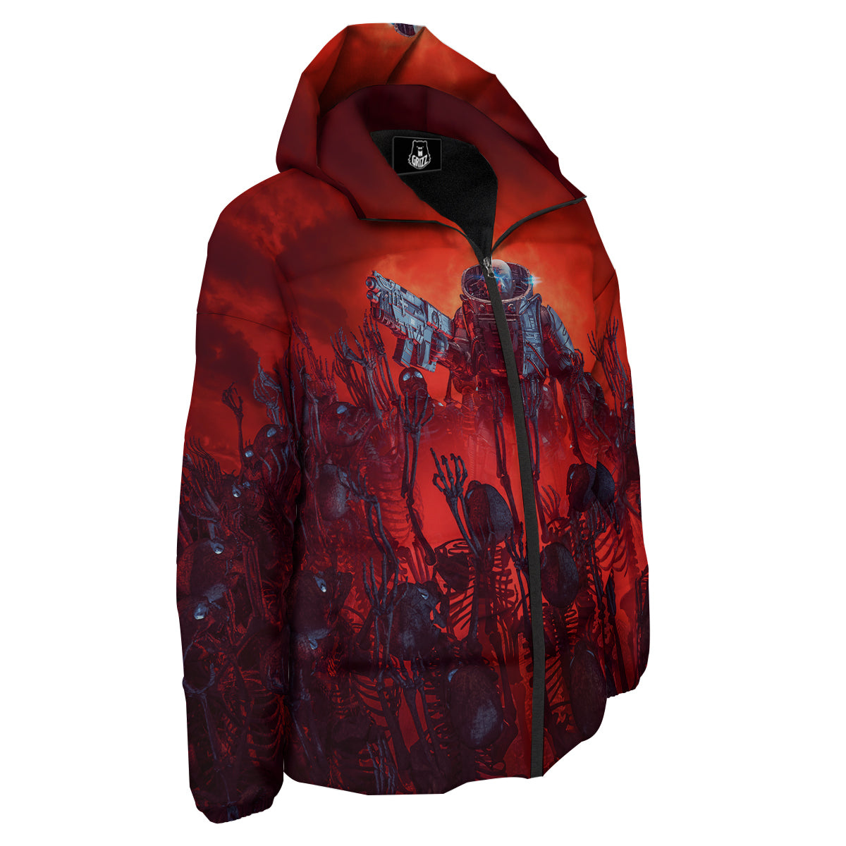 Red Robot And Skeleton Troop Print Down Jacket-grizzshop