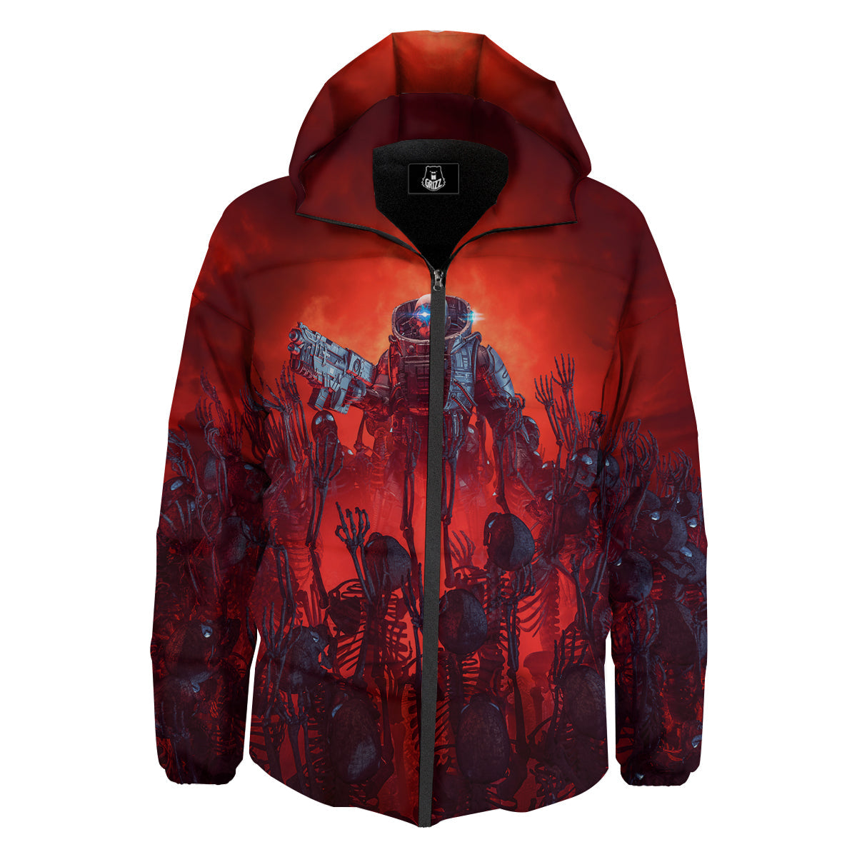 Red Robot And Skeleton Troop Print Down Jacket-grizzshop
