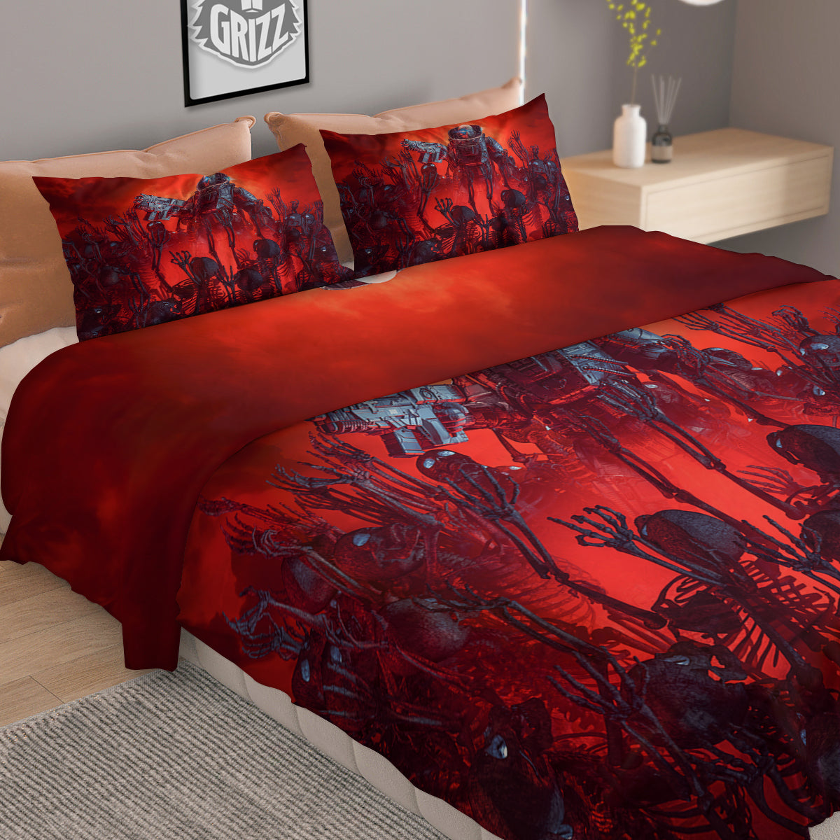 Red Robot And Skeleton Troop Print Duvet Cover Bedding Set