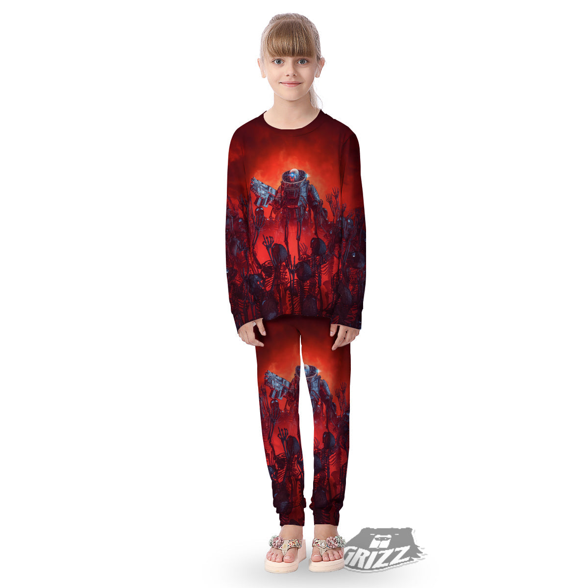 Red Robot And Skeleton Troop Print Kid's Pajamas-grizzshop