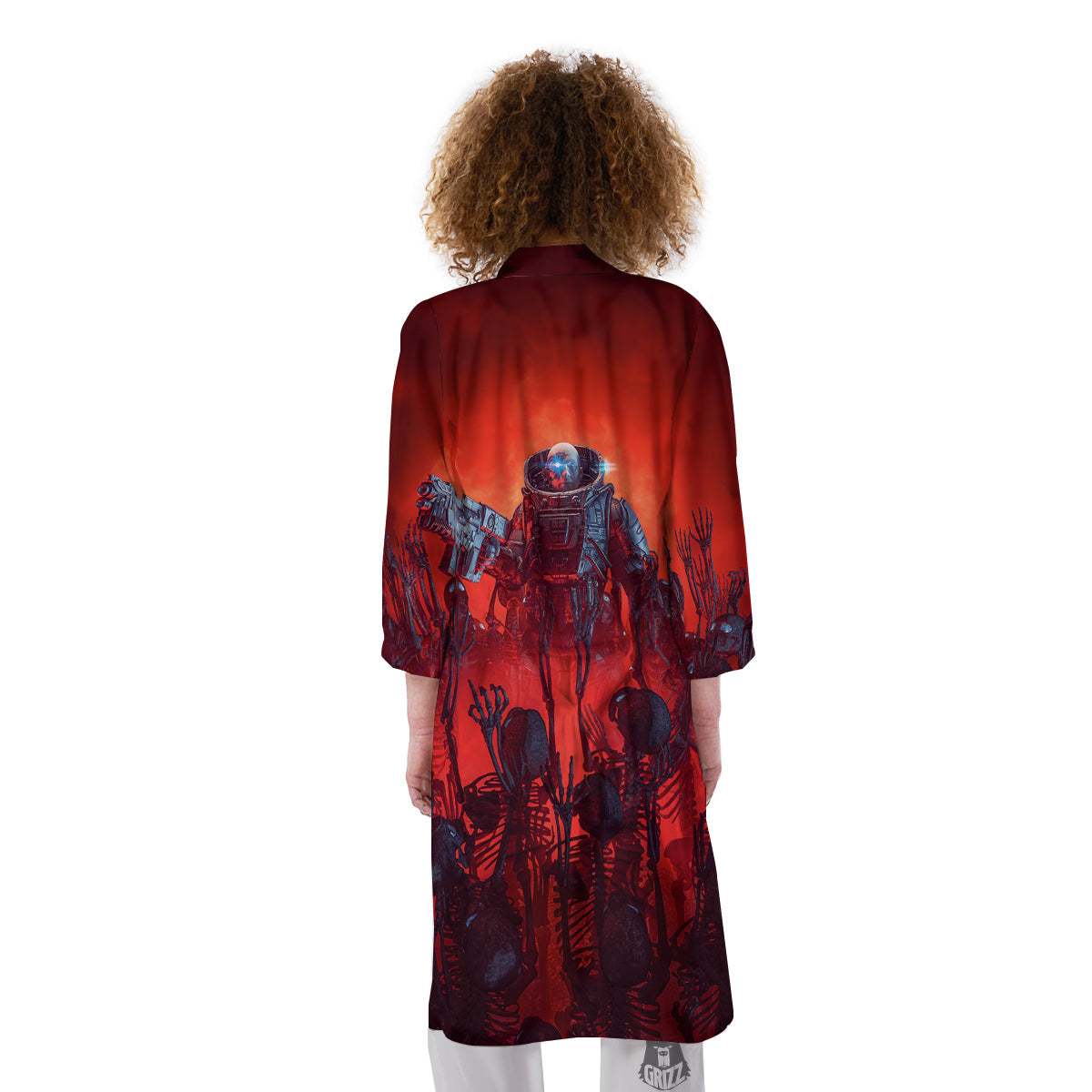 Red Robot And Skeleton Troop Print Kimono-grizzshop