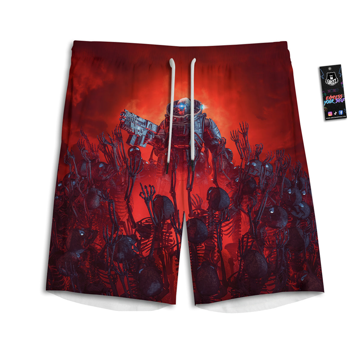 Red Robot And Skeleton Troop Print Men's Athletic Shorts