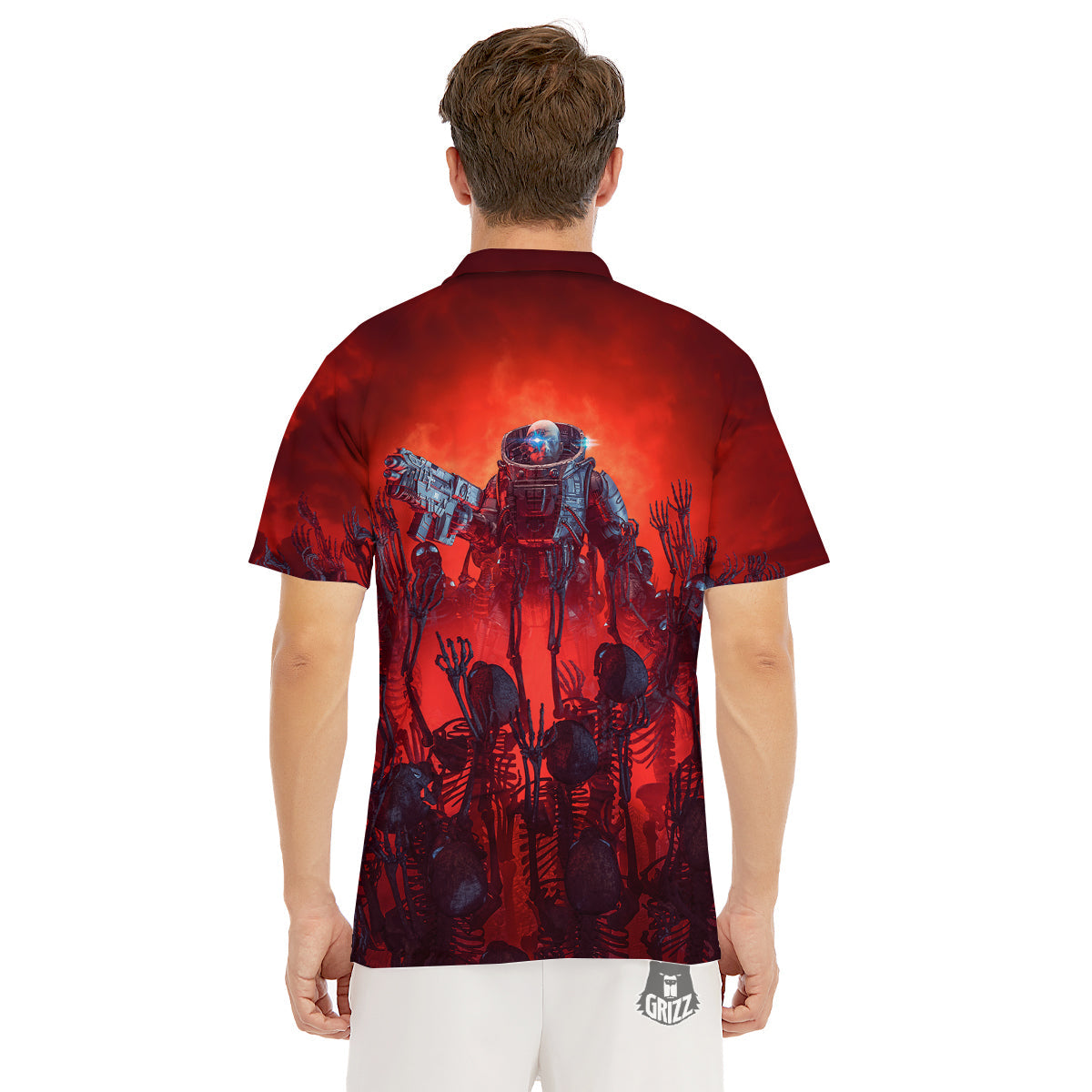 Red Robot And Skeleton Troop Print Men's Golf Shirts-grizzshop