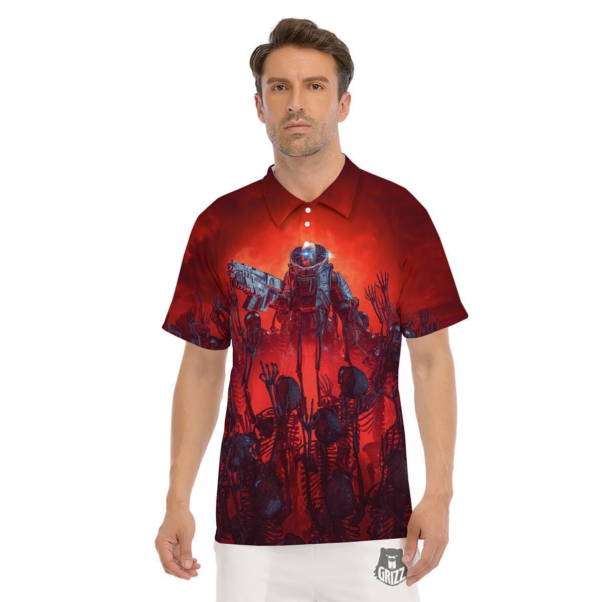 Red Robot And Skeleton Troop Print Men's Golf Shirts-grizzshop