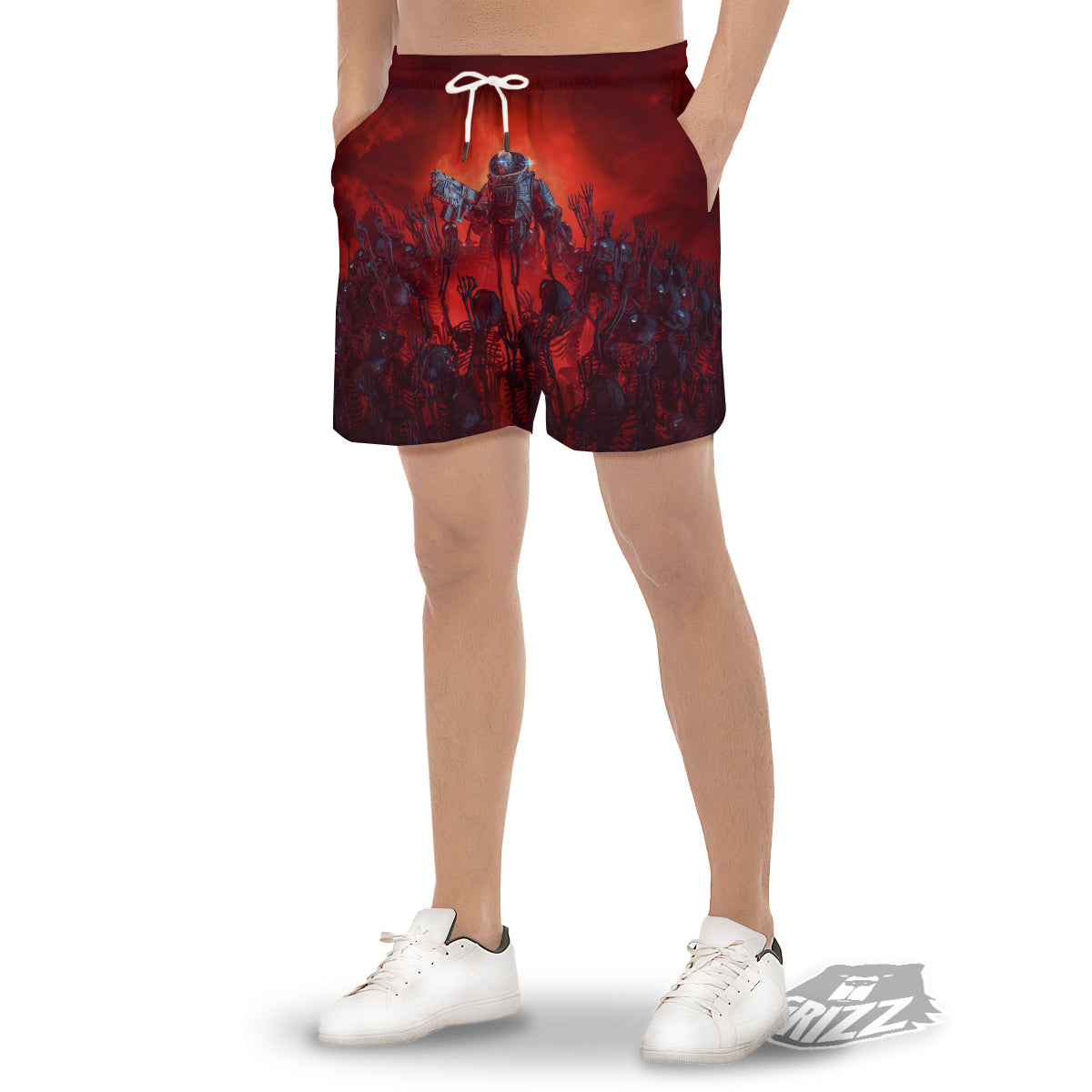 Red Robot And Skeleton Troop Print Men's Gym Shorts-grizzshop