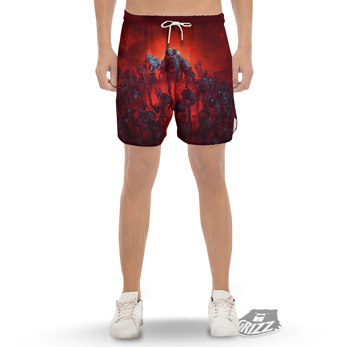 Red Robot And Skeleton Troop Print Men's Gym Shorts-grizzshop