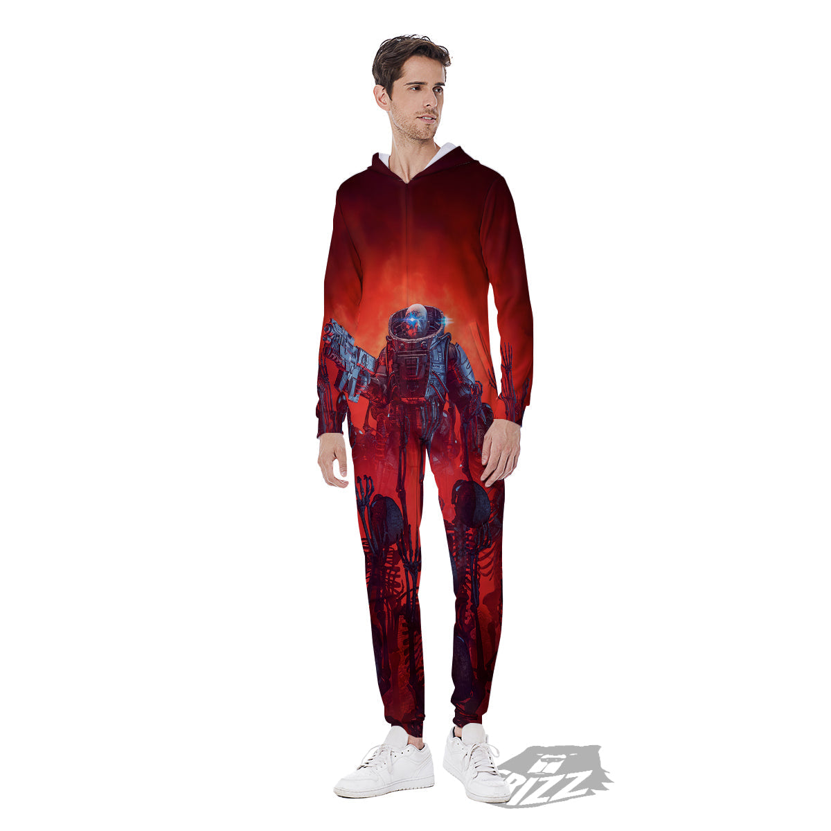Red Robot And Skeleton Troop Print Men's Jumpsuit-grizzshop