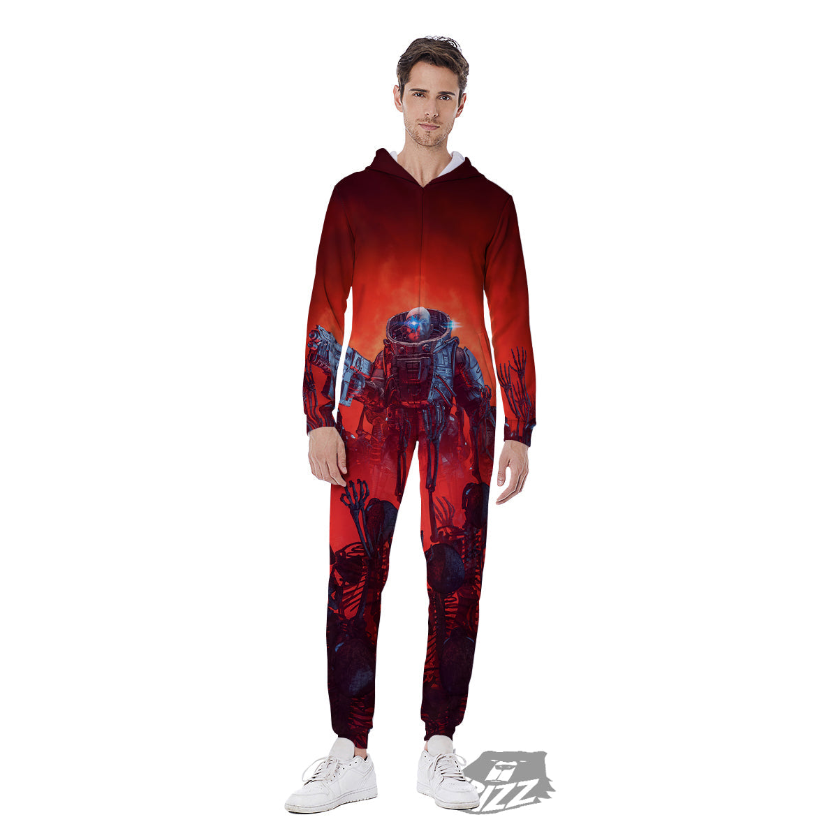 Red Robot And Skeleton Troop Print Men's Jumpsuit-grizzshop