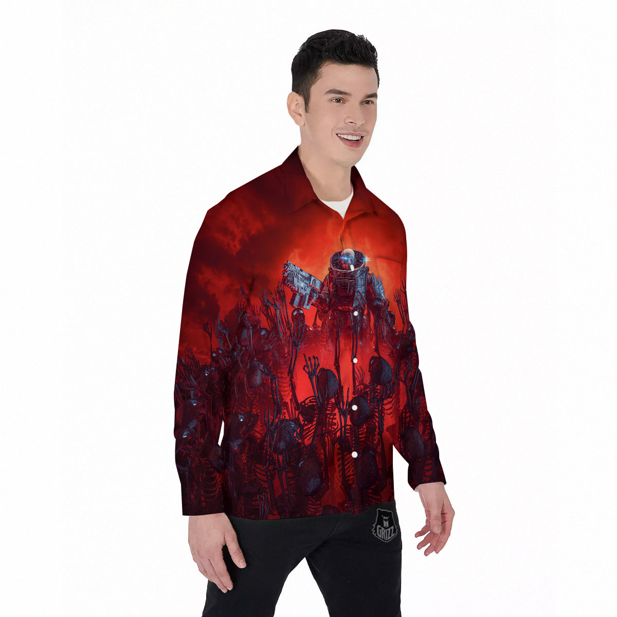 Red Robot And Skeleton Troop Print Men's Long Sleeve Shirts-grizzshop