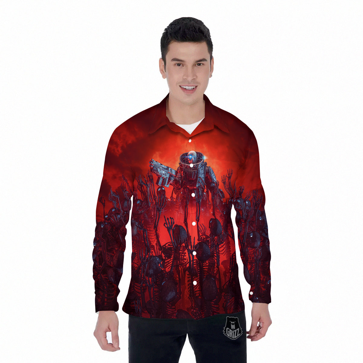 Red Robot And Skeleton Troop Print Men's Long Sleeve Shirts-grizzshop