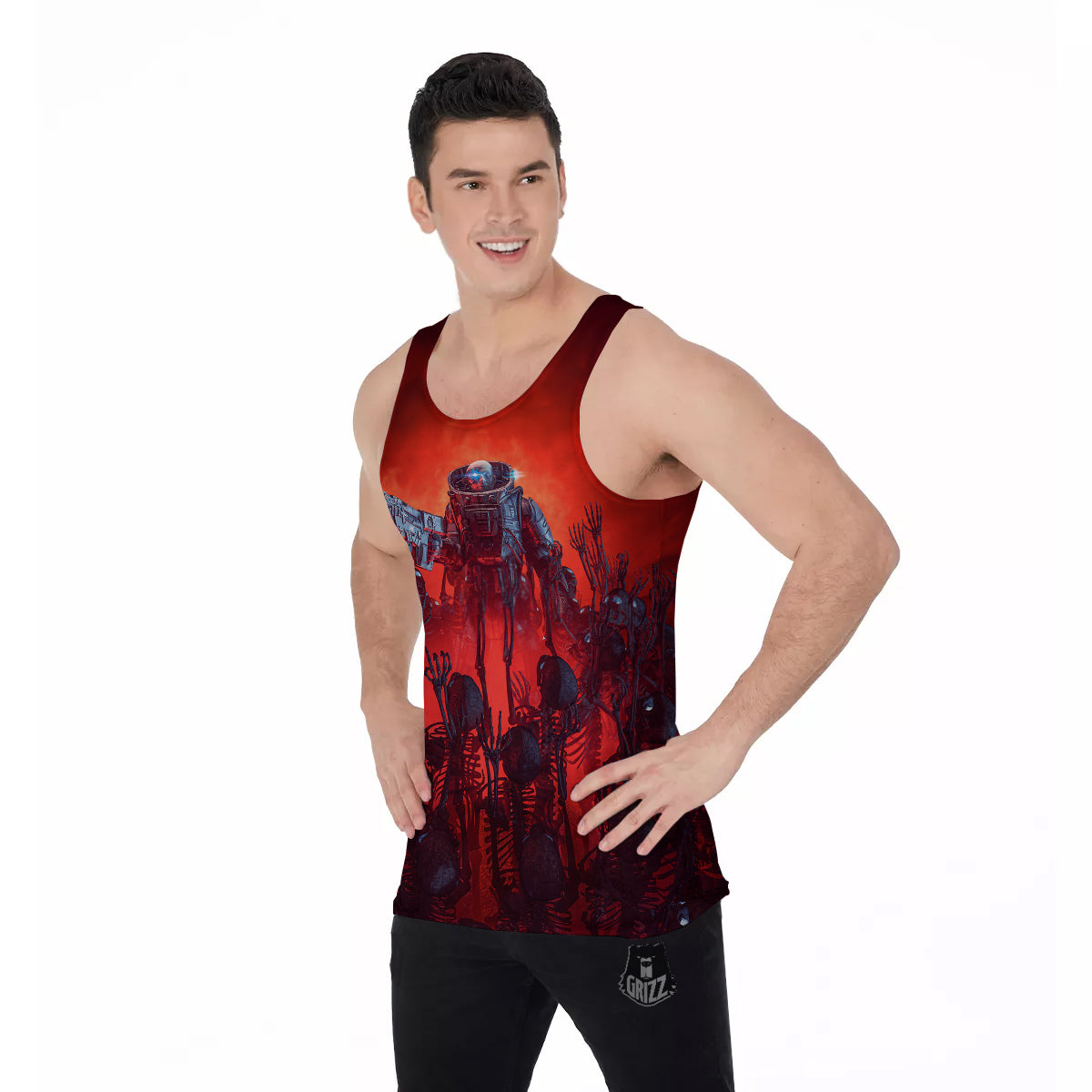 Red Robot And Skeleton Troop Print Men's Tank Top-grizzshop