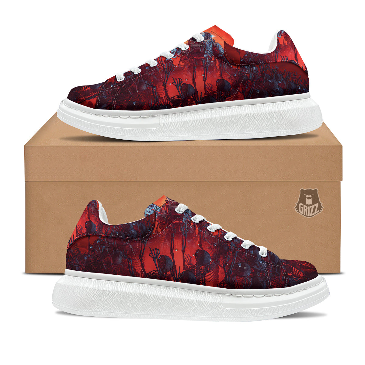 Red Robot And Skeleton Troop Print Platform Shoes-grizzshop