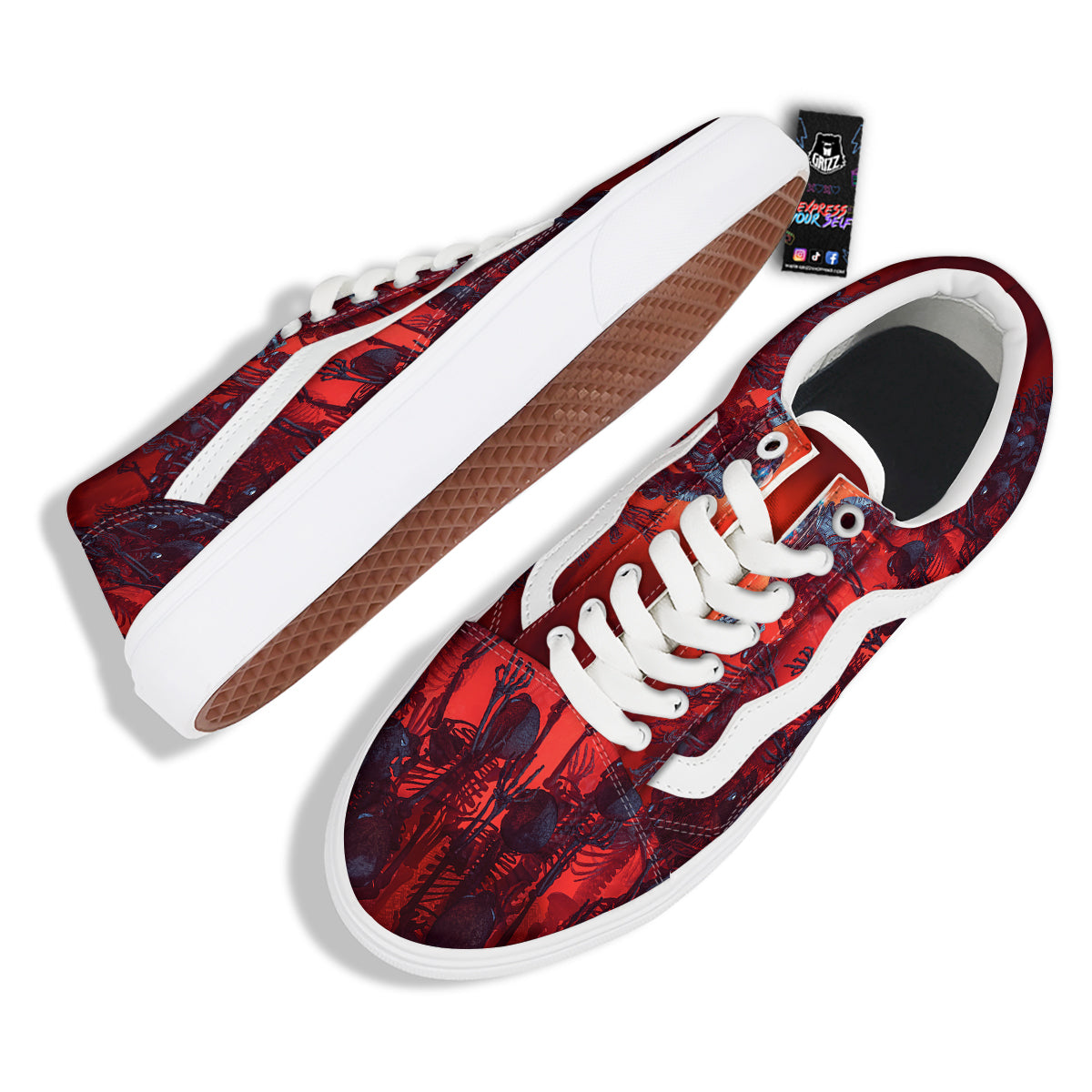 Red Robot And Skeleton Troop Print Skate Shoes-grizzshop