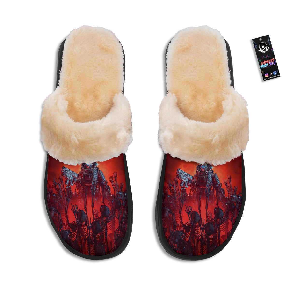 Red Robot And Skeleton Troop Print Slippers-grizzshop