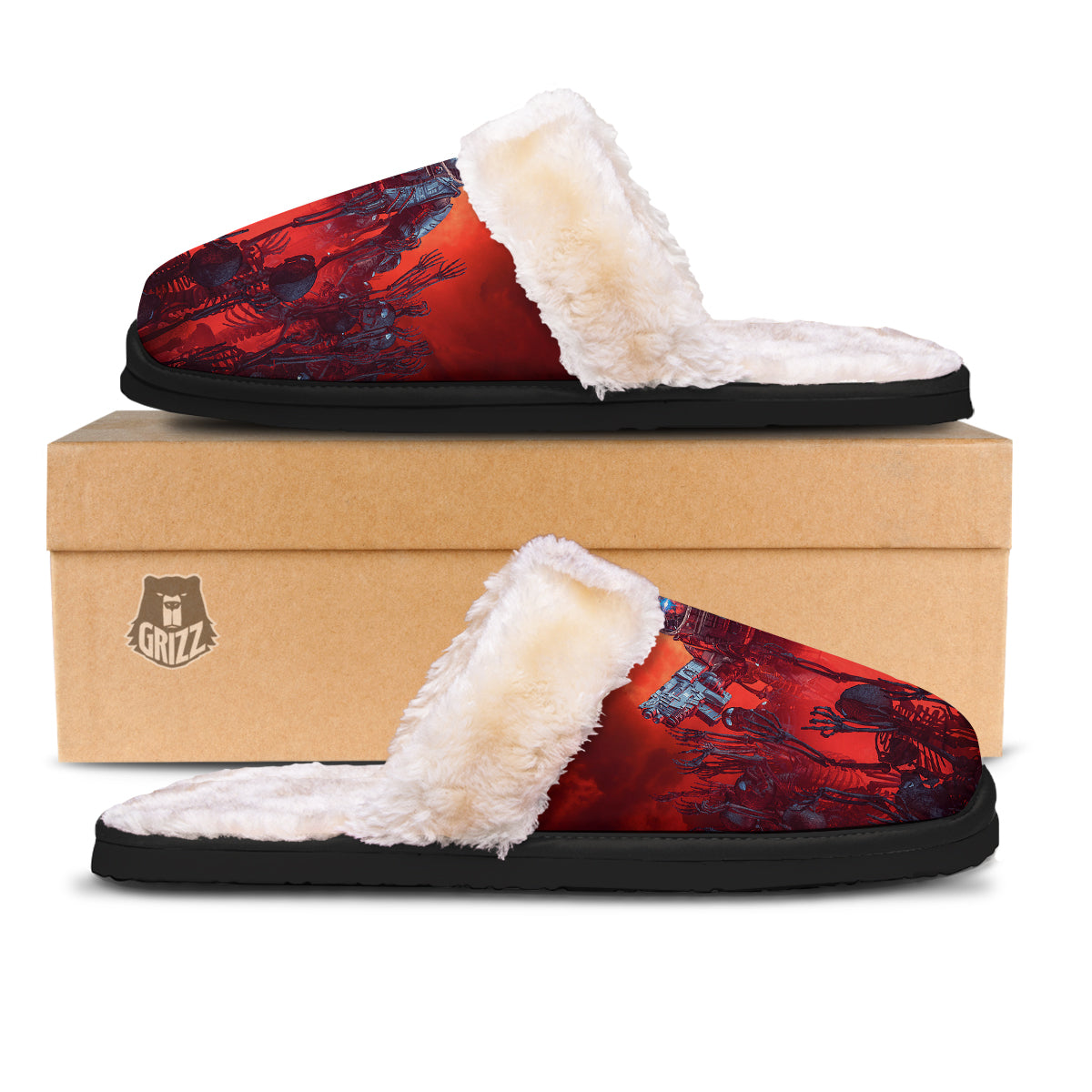 Red Robot And Skeleton Troop Print Slippers-grizzshop