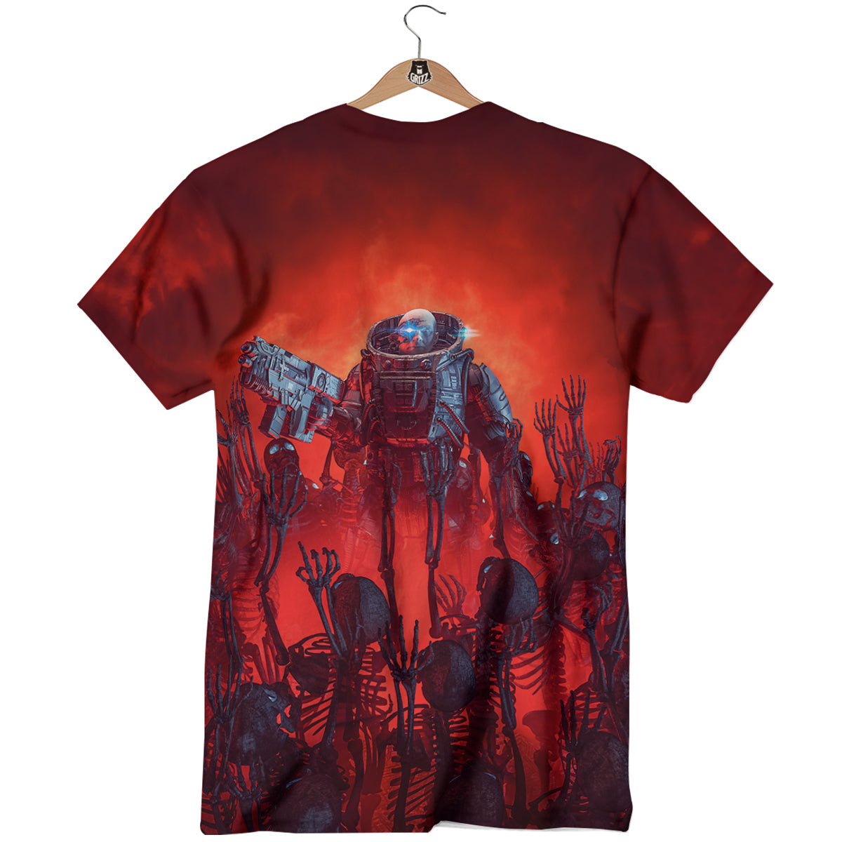 Red Robot And Skeleton Troop Print T-Shirt-grizzshop