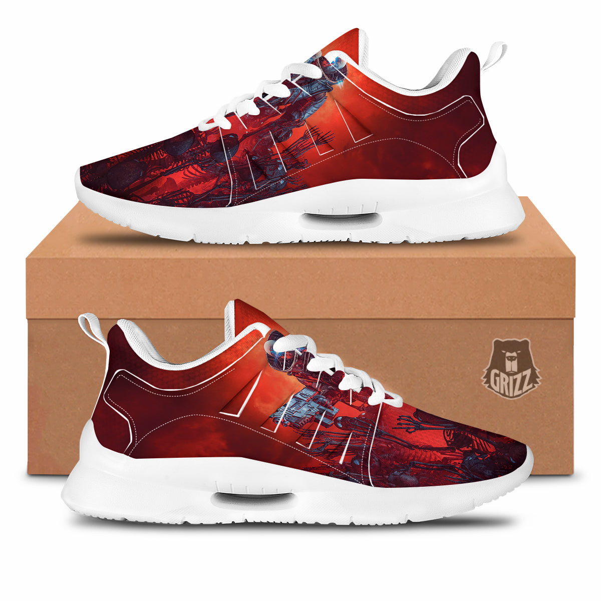 Red Robot And Skeleton Troop Print Tennis Shoes-grizzshop
