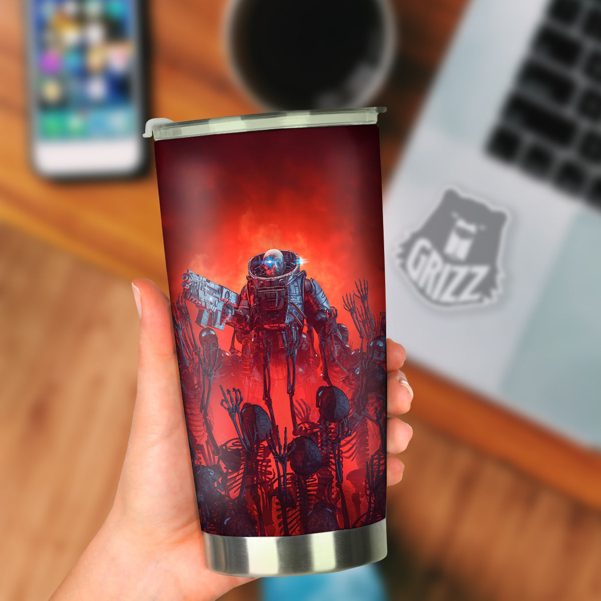 Red Robot And Skeleton Troop Print Tumbler-grizzshop